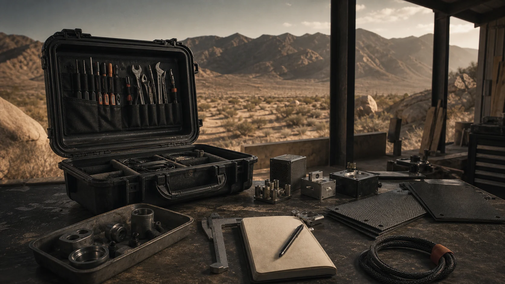 An open hard case with tools and parts arranged on a workbench in Blair Valley