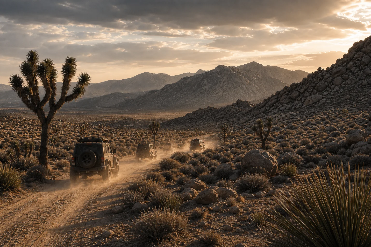 A desert road stretching toward the mountains at sunset